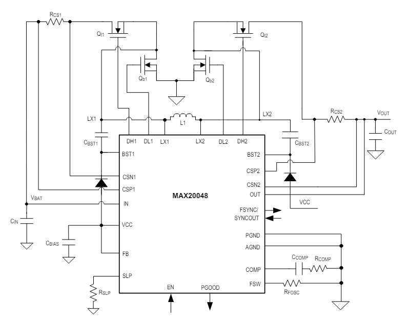 应用电路图 - Analog Devices Inc. MAX20048半桥降压-升压控制器
